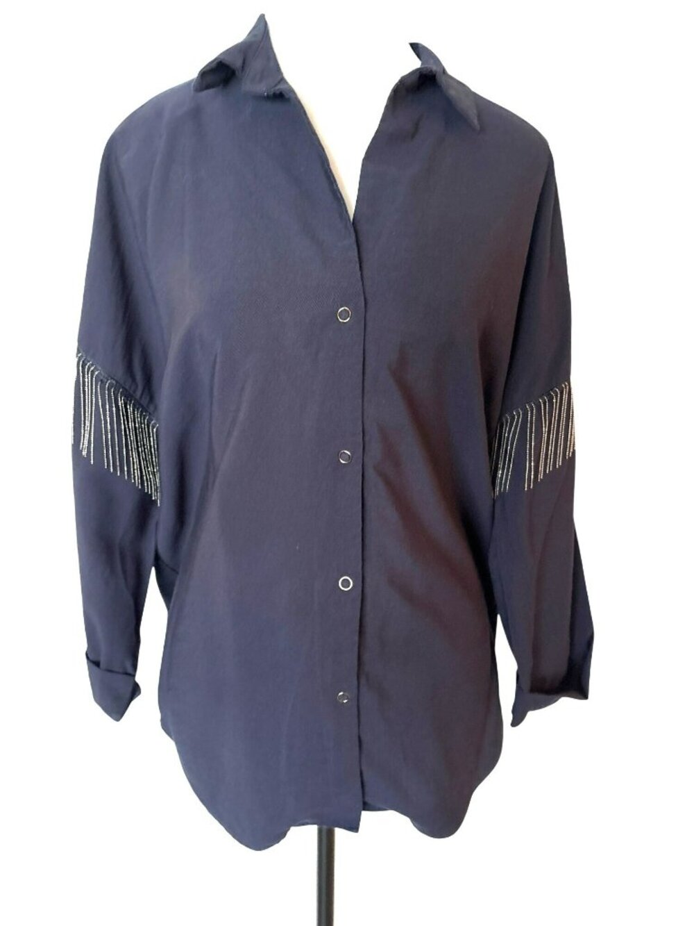 Zara Basic Navy Snap Front Viscose Blend Silver Beaded Fringe Shirt Size M
